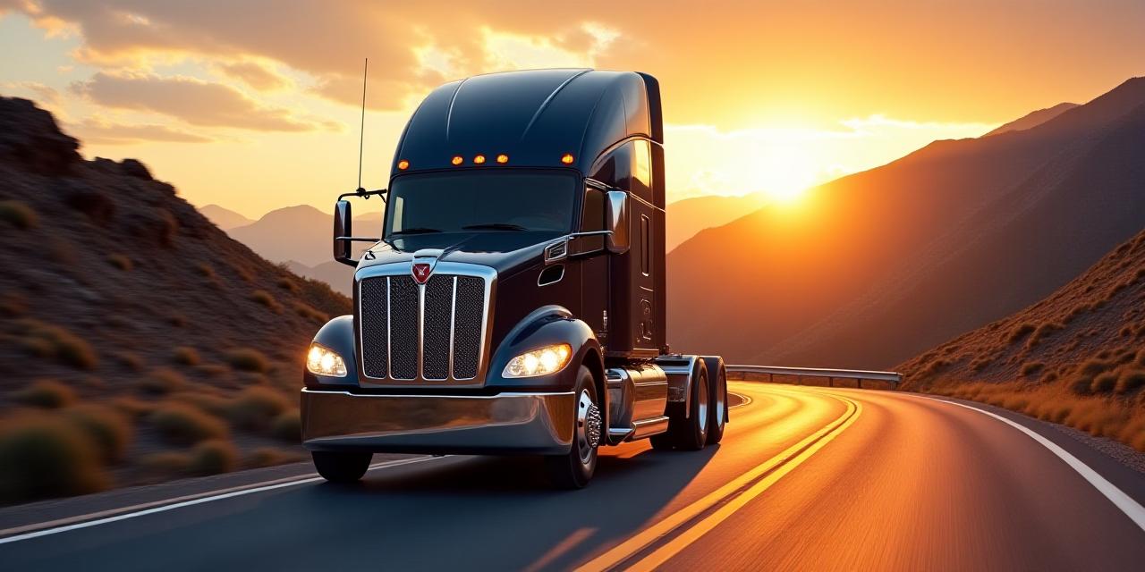 Modern commercial truck on a Colorado highway at sunset